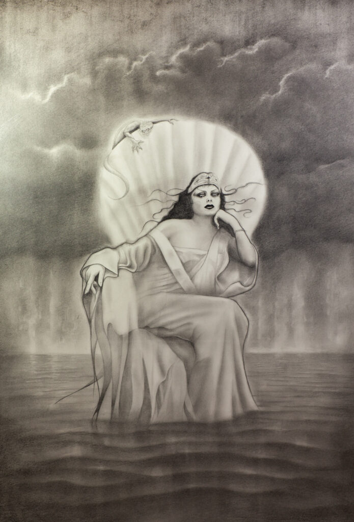 Siren-seated-on-a-clam-chair